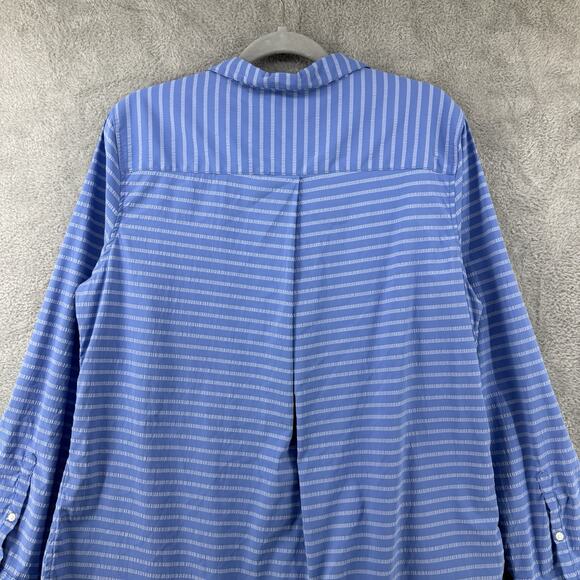 LL Bean Top Womens XL Blue Striped Button Up Notch Neck Roll Tab Sleeves Tunic - Picture 11 of 16